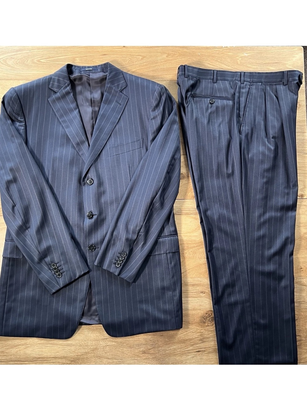 Ermenegildo Zegna Suit 44L Roma Traveller Micronsphere Wool Silk Navy Pinstripe